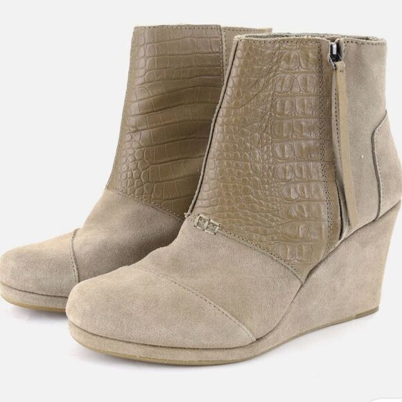 Toms Desert Taupe Beige Suede Croco Embossed Wedge Ankle Boots Women's 7 Zip Up - Picture 4 of 6